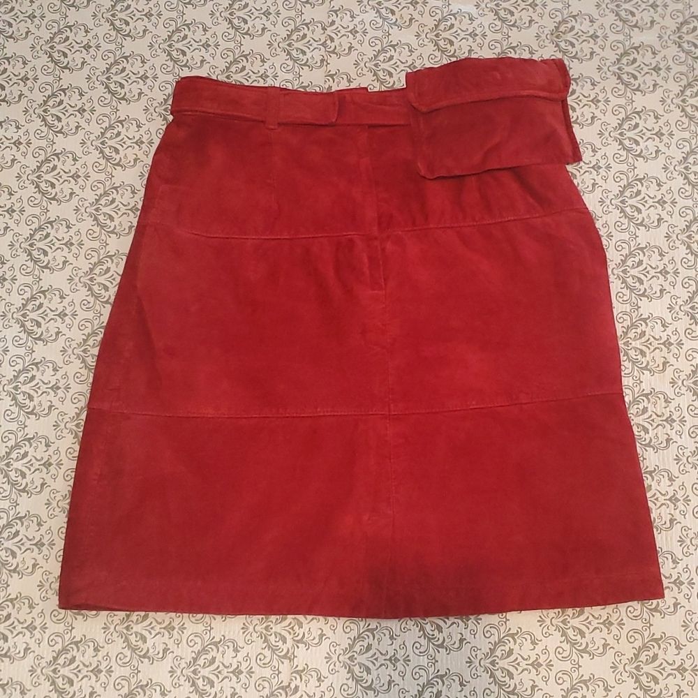 Red Leather Suede Vintage High Waist Midi Skirt with matching Belt bag
